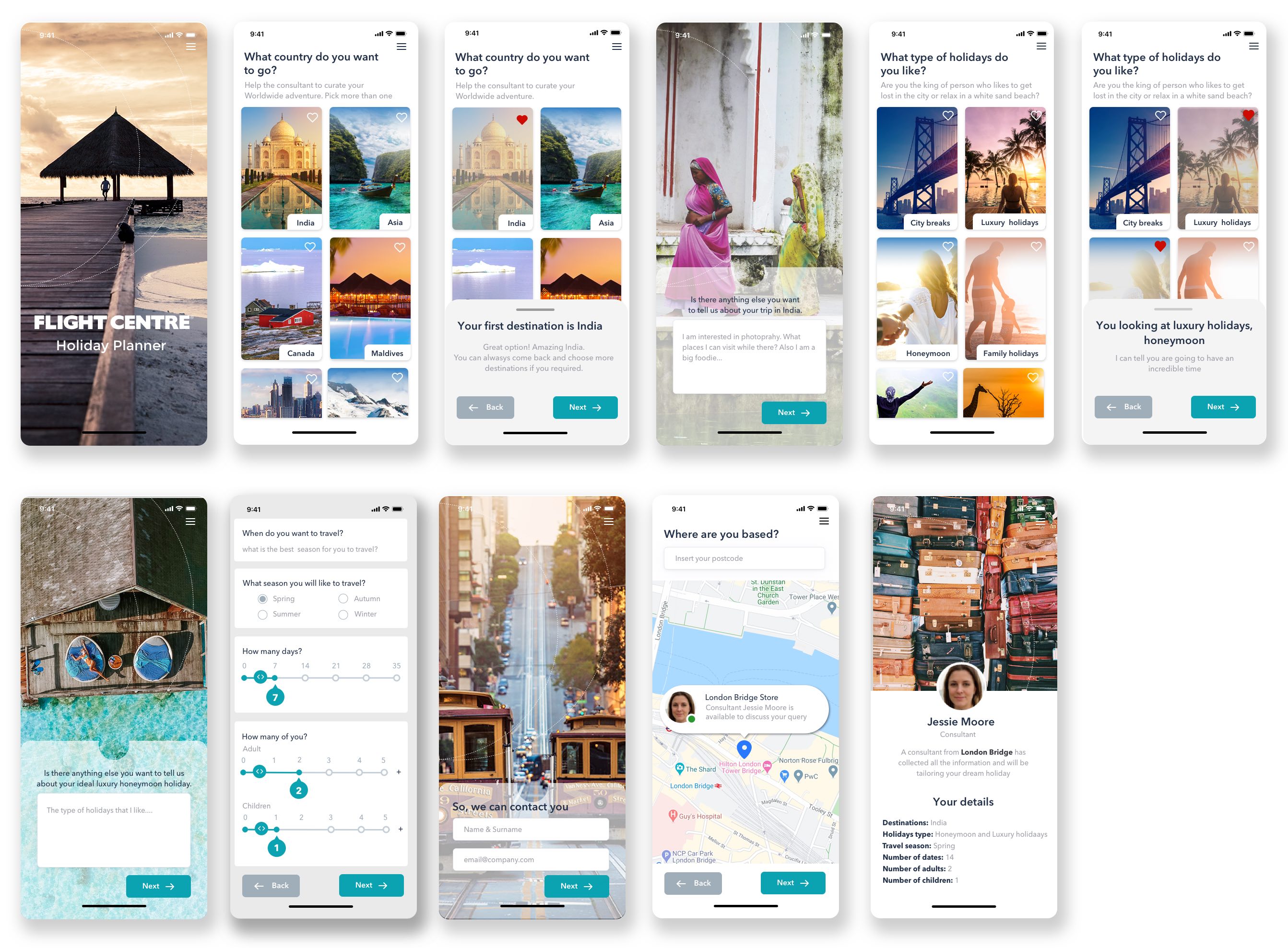 A series of mobile designs to show a mobile journey of a product planner